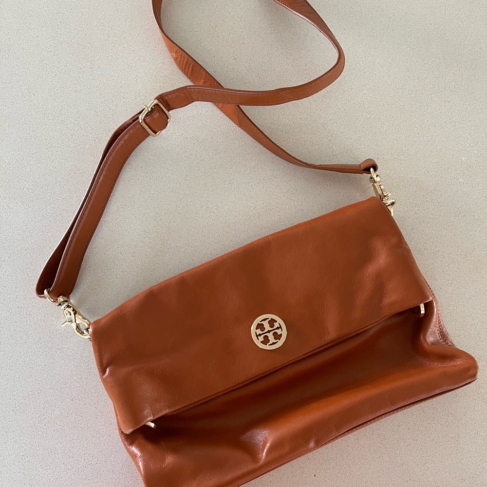 Tory Burch Leather Fold-Over Shoulder Bag in Cognac Brown with Gold Logo